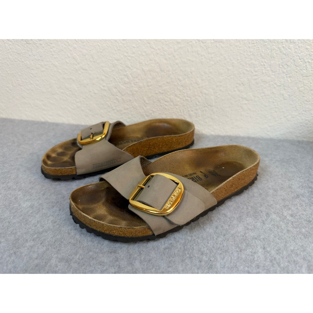 Birkenstock Madrid Big Buckle Taupe Nubuck Leather Slide Sandals Gold Buckle 36